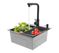 SuhoFutus Fregadero empotrable, color negro, 45 x 45 x 18 cm, almohadillas de goma EVA, incluye grifo extensible de 60 cm, escurridor, dispensador de jabón y juego de montaje completo para cocina