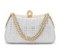 SUIKIHUM Bolso de mano con purpurina de diamantes de imitación para mujer, bolso de noche de lentejuelas con perla, bolso de boda brillante para fiesta de novia, formal, color plateado