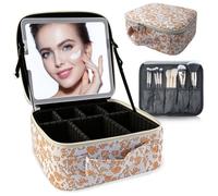 SUILU Bolsa de maquillaje con espejo LED, con 3 ajustes de color, almacenamiento portátil y divisores ajustables, bolsa de maquillaje floral, para mujeres y artistas de maquillaje, grandes estuches de