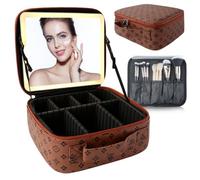 SUILU Bolsa de maquillaje con espejo LED, con 3 ajustes de color, almacenamiento portátil y divisores ajustables, bolsa de maquillaje floral, para mujeres y artistas de maquillaje, grandes estuches de
