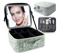 SUILU Bolsa de maquillaje con espejo LED, con 3 ajustes de color, almacenamiento portátil y divisores ajustables, bolsa de maquillaje floral, para mujeres y artistas de maquillaje, grandes estuches de