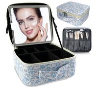 SUILU Bolsa de maquillaje con espejo LED, con 3 ajustes de color, almacenamiento portátil y divisores ajustables, bolsa de maquillaje floral, para mujeres y artistas de maquillaje, grandes estuches de