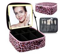 SUILU Bolsa de maquillaje con espejo LED, con 3 ajustes de color, almacenamiento portátil y divisores ajustables, bolsa de maquillaje floral, para mujeres y artistas de maquillaje, grandes estuches de