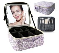 SUILU Bolsa de maquillaje con espejo LED, con 3 ajustes de color, almacenamiento portátil y divisores ajustables, bolsa de maquillaje floral, para mujeres y artistas de maquillaje, grandes estuches de