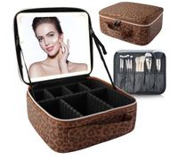 SUILU Bolsa de maquillaje con espejo LED, con 3 ajustes de color, almacenamiento portátil y divisores ajustables, bolsa de maquillaje floral, para mujeres y artistas de maquillaje, grandes estuches de