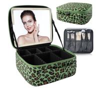 SUILU Bolsa de maquillaje con espejo LED, con 3 ajustes de color, almacenamiento portátil y divisores ajustables, bolsa de maquillaje floral, para mujeres y artistas de maquillaje, grandes estuches de