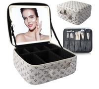 SUILU Bolsa de maquillaje con espejo LED, con 3 ajustes de color, almacenamiento portátil y divisores ajustables, bolsa de maquillaje floral, para mujeres y artistas de maquillaje, grandes estuches de