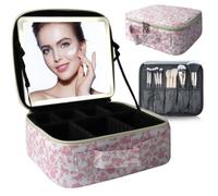 SUILU Bolsa de maquillaje con espejo LED, con 3 ajustes de color, almacenamiento portátil y divisores ajustables, bolsa de maquillaje floral, para mujeres y artistas de maquillaje, grandes estuches de