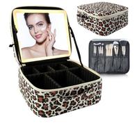 SUILU Bolsa de maquillaje con espejo LED, con 3 ajustes de color, almacenamiento portátil y divisores ajustables, bolsa de maquillaje floral, para mujeres y artistas de maquillaje, grandes estuches de