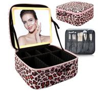 SUILU Bolsa de maquillaje con espejo LED, con 3 ajustes de color, almacenamiento portátil y divisores ajustables, bolsa de maquillaje floral, para mujeres y artistas de maquillaje, grandes estuches de