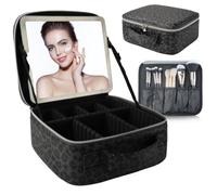 SUILU Bolsa de maquillaje con espejo LED, con 3 ajustes de color, almacenamiento portátil y divisores ajustables, bolsa de maquillaje floral, para mujeres y artistas de maquillaje, grandes estuches de