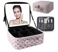 SUILU Bolsa de maquillaje con espejo LED, con 3 ajustes de color, almacenamiento portátil y divisores ajustables, bolsa de maquillaje floral, para mujeres y artistas de maquillaje, grandes estuches de