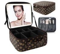 SUILU Bolsa de maquillaje con espejo LED, con 3 ajustes de color, almacenamiento portátil y divisores ajustables, bolsa de maquillaje floral, para mujeres y artistas de maquillaje, grandes estuches de