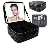 SUILU Bolsa de maquillaje con espejo LED, con 3 ajustes de color, almacenamiento portátil y divisores ajustables, bolsa de maquillaje floral, para mujeres y artistas de maquillaje, grandes estuches de