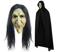 Suilung 2 Piezas Set Disfraz de Bruja de Halloween Máscara de Bruja Vieja con Peluca de Miedo Capa Negra con Capucha para Mujeres Hombres Adultos Unisex Carnaval Fiesta de Cosplay