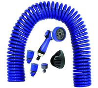 Suinga. Manguera de riego en espiral Helicoidal 15 metros. Manguera jardin reforzada color azul. Incluye accesorios y soporte pared. Pistola multifunción 8 posiciones.