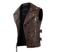 Suiting Style Chaleco vintage sin mangas con cremallera para hombre, chaleco de cuero vacuno genuino, marrón, L