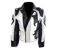 Suiting Style Chaqueta de piel auténtica con flecos de motociclista punk en blanco y negro para hombre, blanco y negro, L