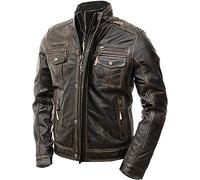Suiting Style Chaqueta de piel auténtica con múltiples bolsillos para hombre, estilo vintage, color marrón, marrón, M