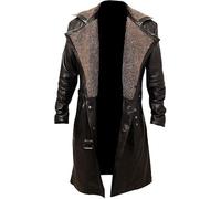 Suiting Style Gabardina de cuero con cuello de piel sintética marrón vintage para hombre, abrigo largo militar de algodón con cinturón negro, Marrón - Cuero Real, M