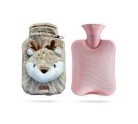 suitmine Botella de agua caliente de PVC de 2 L a prueba de fugas con funda de ciervo de felpa extraíble para aliviar el dolor, terapia de frío y calor, calentador de abdomen y cuello, cierre de