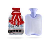 suitmine Botella de agua caliente de PVC de 2 L a prueba de fugas con funda de punto extraíble con patrón clásico de Navidad para aliviar el dolor, terapia fría y caliente, calentador de manos, pies,