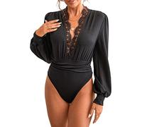 SUIUOI Body con mangas puf, body largo elegante, blusas profundas, cuello en V y encaje, camiseta largo con encaje, plisado, túnica