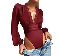 SUIUOI Body con mangas puf, body largo elegante con blusas profundas, cuello en V y encaje, camiseta largo con encaje, plisado, túnica