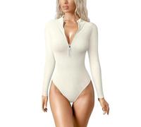 SUIUOI Body de manga larga elegante para mujer, camiseta de manga larga con cremallera, body con tanga, ropa interior moldeadora acanalada tipo pullover, tops de ocio, beige, XL