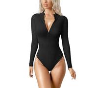 SUIUOI Body de manga larga elegante para mujer, camiseta de manga larga con cremallera, body top con tanga, body de tanga, ropa interior, tops de ocio, Negro , L