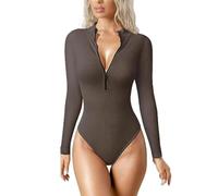 SUIUOI Mono de mujer con mangas largas, elegante mono con mangas largas, camiseta con cremallera, mono con tanga, mono con tirantes, ropa interior de canalé, mono de mujer, ropa de ocio, marrón, M