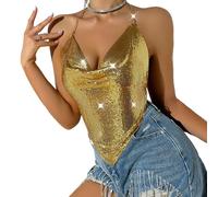 SUIUOI Y2K - Top de lentejuelas para mujer, parte superior con cuello en V, escote en V, dorado, L