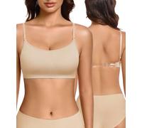 Sujetador Básico para Mujer Invisible Espalda Baja-Sujetador Sin Costuras con Relleno Extraíble Bralette Sin Varillas Deportivo para Yoga y Danza con Tirantes Desmontables Transparentes(Beige, M)