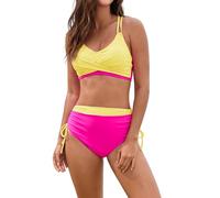 Sujetador Bikini Mujer Bikinis Mujer 2026 Alta Women with Breast Without Bracket Solid Color Splice Tie Wrap Split Bikini Bikinis 2026 Alta Biquinis (Hot Pink S)
