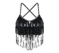 Sujetador De Lentejuelas Tops de Danza del Vientre con Lentejuelas Brillantes for Mujer, Top Corto con Flecos, Camisola sin Mangas con Cuello en V for Puesta en Escena(Black,XL)