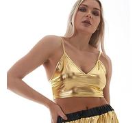 Sujetador deportivo con cuello en V metálico para mujer, para raves, salidas nocturnas, aspecto mojado, top corto deportivo, ropa de club, bustier de piel sintética, dorado, L