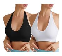 Sujetador Deportivo Mujer sin Espalda Sexy Halter Deporte Bra con Relleno Confort Soporte de Impacto Medio para Yoga Fitness Correr