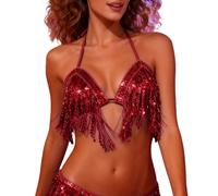 Sujetador Deportivo Mujer Top de Bikini con Flecos y Lentejuelas para Danza del Vientre Disfraz de Ropa de Actuación Escénica Espectáculo (Red, One Size)