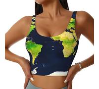 Sujetador deportivo para mujer con estampado de mapa del mundo, compresión, absorbe la humedad, brasier deportivo de alto impacto para mujer, Negro -, Medium