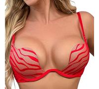 Sujetador Sexy en forma de U Delgada Sombrera-Transpirable-Rayas Brillantes-Envoltura Ropa Interior-Gran Pecho Reductor Anti-Colgar Sujetador, O rojo., 85B