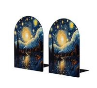 Sujetalibros abstractos de noche estrellada para estantes, 1 par de sujetalibros de madera con pintura al óleo, soporte de metal resistente, tapón decorativo para libros, para el hogar, oficina