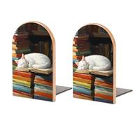 Sujetalibros de madera con diseño de gato blanco durmiendo en la parte superior de un libro abierto, 2 soportes resistentes para libros, organizador de escritorio para bibliotecas de oficina en casa