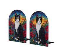 Sujetalibros de madera con diseño de gato con rosas rojas para estantes, 1 par de sujetalibros de madera de pintura al óleo de gato, soporte de libros de metal resistente, tapón decorativo para libros