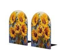 Sujetalibros de madera con diseño de girasol de acuarela para estantes, 1 par de sujetalibros de madera floral de pintura al óleo resistente, soporte de libros decorativo para el hogar, oficina