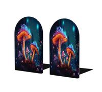 Sujetalibros de madera con diseño de hongos brillantes para estantes, 1 par de sujetalibros de madera con plantas tropicales abstractas, soporte de metal resistente, tapón decorativo para libros, para