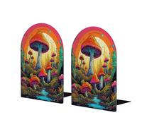 Sujetalibros de madera con diseño de hongos coloridos para estantes, 1 par de sujetalibros de madera con plantas abstractas, soporte de libros de metal resistente, tapón decorativo para libros, para