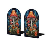 Sujetalibros de madera con diseño de hongos tropicales para estantes, 1 par de sujetalibros de madera con plantas abstractas, soporte de metal resistente, tapón decorativo para libros, para el hogar