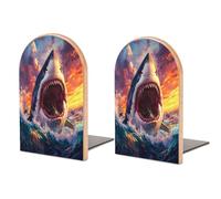 Sujetalibros de Madera con diseño de tiburón y Puesta de Sol, 2 Unidades, Resistentes, Organizador de Escritorio para el hogar, la Oficina y Las bibliotecas.