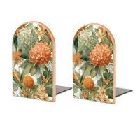 Sujetalibros de madera con hortensias naranjas y olivas verdes, 2 soportes resistentes para libros, organizador de escritorio para bibliotecas de oficina en casa