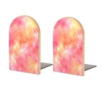 Sujetalibros de madera con patrón de teñido anudado de acuarela, rosa, melocotón, naranja, 2 soportes resistentes para libros, organizador de escritorio para bibliotecas de oficina en casa